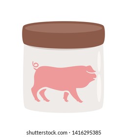 Slaughtering, butchery industry flat vector illustration. Meat products market pork factory. Pig in glass jar under lid isolated clipart. Carnivore diet metaphor. Farming, cattle breeding business