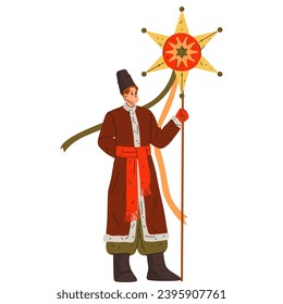 Slav man celebrating traditional Christmas with slavic star. Vector illustration of male at winter carol time. Wintertime holiday and celebration. Happy new year, merry xmas card. Nativity, tradition