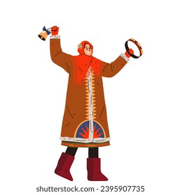 Slav woman singing carol for Christmas or happy new year. Vector illustration for slavic or traditional ukrainian winter holiday. Merry Xmas eve image. Wintertime festival celebration.Koliada nativity