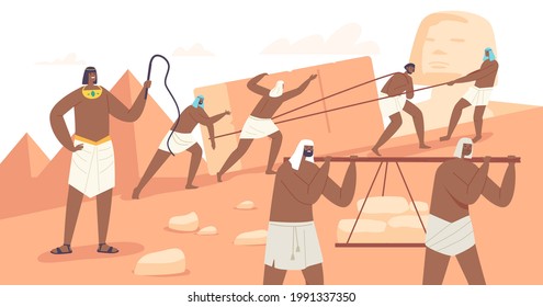 Slave Characters Building Egyptian Pyramids in Giza Desert. Master with Whip Managing Construction Process. Ancient Civilization of Egypt, Famous Monument History. Cartoon People Vector Illustration