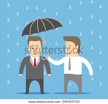 Slave covers the boss from the rain by umbrella