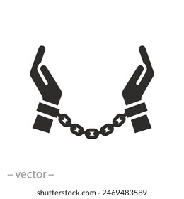 slave or criminal icon, chains on hands, concept person slavery, flat symbol on white background - vector illustration