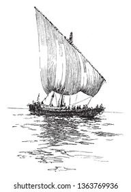 Slave Dhow is the generic name of a number of traditional sailing vessels with one or more masts with lateen sails used in the Red Sea and Indian Ocean region, vintage line drawing or engraving