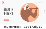 Slave in Egypt Landing Page Template. Ancient Civilization Famous Monument History, Character Building Egyptian Pyramids in Giza Desert. Man Carry Stone Blocks. Cartoon People Vector Illustration