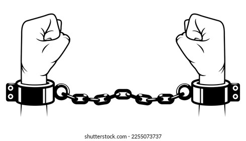 Slave hands with shackles on wrists, handcuffed prisoner, fetter  or manacle on fists, debt concept , vector