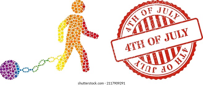 Slave iron mosaic icon of spheric blots in different sizes and spectrum colored color hues. Red round scratched seal imprint with 4Th of July text. A dotted LGBT- colored slave iron for lesbians,