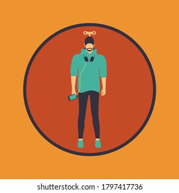 slave people like puppet in negative world art. addicted man with smartphone & wind up key vector. Global Addiction Problem for Technology and Gadget illustration. Robot Man controlled by social media
