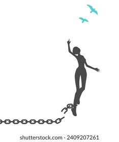 Slave trade and abolition International day remembrance concept. Positive female jumping out of broken metal chains with hands raised up feeling happy