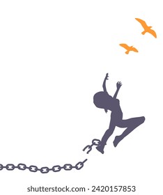 Slave trade and abolition International day remembrance concept. Positive female jumping out of broken metal chains with hands raised up feeling happy