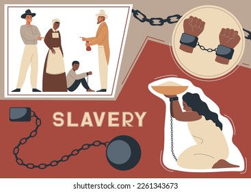 Slavery history collage with chain and labour symbols flat vector illustration