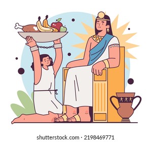 Slavery Origin. Social Stratification Establishment. Emperor Or Pharoah With A Servant Carrying Food And Drinks. Antique Civilization History, Anthropology Studying Concept. Flat Vector Illustration