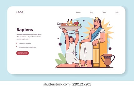 Slavery origin web banner or landing page. Social stratification establishment. Emperor or pharoah with a servant carrying food and drinks. Antique civilization history. Flat vector illustration