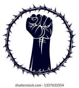 Slavery theme illustration with strong hand clenched fist fighting for freedom against blackthorn thorn, vector logo or tattoo, through the thorns to the stars concept.