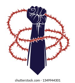 Slavery theme illustration with strong hand clenched fist fighting for freedom against blackthorn thorn, vector logo or tattoo, through the thorns to the stars concept.