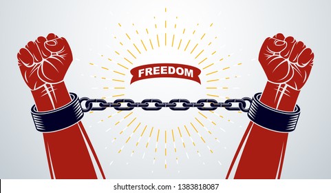 Slavery theme illustration with strong hand clenched fist fighting for freedom against chain, vector logo or tattoo, getting free, struggle for liberty.