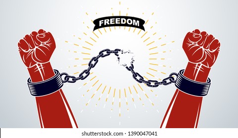 Slavery theme illustration with strong hand clenched fist fighting for freedom against chain, vector logo or tattoo, getting free, struggle for liberty.