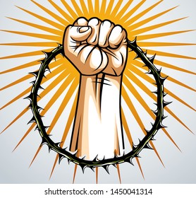 Slavery theme illustration with strong hand clenched fist fighting for freedom against blackthorn thorn, vector logo or tattoo, through the thorns to the stars concept.