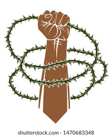 Slavery theme illustration with strong hand clenched fist fighting for freedom against blackthorn thorn, vector logo or tattoo, through the thorns to the stars concept.