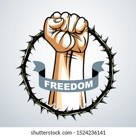 Slavery theme illustration with strong hand clenched fist fighting for freedom against blackthorn thorn, vector logo or tattoo, through the thorns to the stars concept.