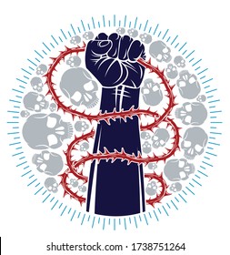 Slavery theme illustration with strong hand clenched fist fighting for freedom against blackthorn thorn, vector logo or tattoo, through the thorns to the stars concept.