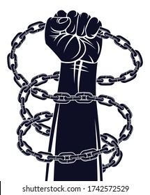 Slavery theme illustration with strong hand clenched fist fighting for freedom against chain, vector logo or tattoo, getting free, struggle for liberty.