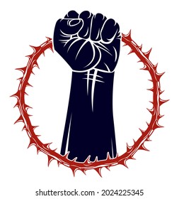 Slavery theme illustration with strong hand clenched fist fighting for freedom against blackthorn thorn, vector logo or tattoo, through the thorns to the stars concept.