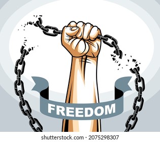 Slavery theme illustration with strong hand clenched fist fighting for freedom against chain, vector logo or tattoo, getting free, struggle for liberty.