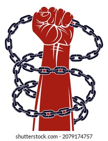Slavery theme illustration with strong hand clenched fist fighting for freedom against chain, vector logo or tattoo, getting free, struggle for liberty.