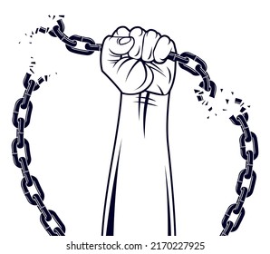 Slavery theme illustration with strong hand clenched fist fighting for freedom against chain, vector logo or tattoo, getting free, struggle for liberty.