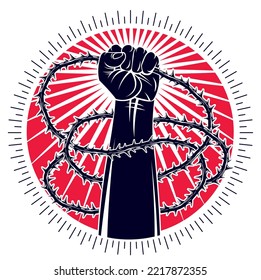 Slavery theme illustration with strong hand clenched fist fighting for freedom against blackthorn thorn, vector logo or tattoo, through the thorns to the stars concept.