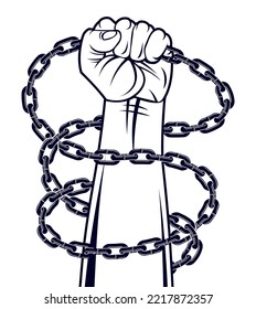 Ilustración del tema de la esclavitud con puño fuertemente apretado a mano luchando por la libertad contra la cadena, el logo del vector o el tatuaje, liberándose, luchando por la libertad.