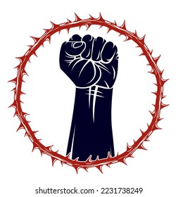 Slavery theme illustration with strong hand clenched fist fighting for freedom against blackthorn thorn, vector logo or tattoo, through the thorns to the stars concept.