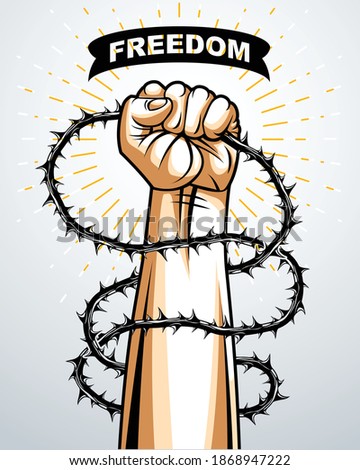 Slavery theme illustration with strong hand clenched fist fighting for freedom against blackthorn thorn, vector logo or tattoo, through the thorns to the stars concept.