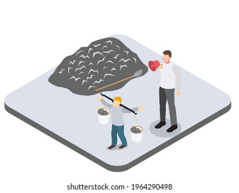 Slavery vector concept. Male boss using a megaphone to command his child labour to carrying bucket full of coal while working in coal mining