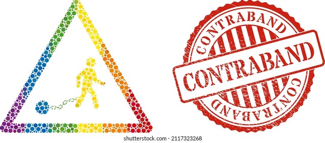 Slavery warning collage icon of spheric dots in variable sizes and rainbow bright color tinges. Red round distress stamp with Contraband phrase. A dotted LGBT- colored slavery warning for lesbians,