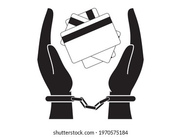 
Slaves to credit cards. Hands with handcuffs and credit cards between them. Black and white icon of hands handcuffed with credit cards
