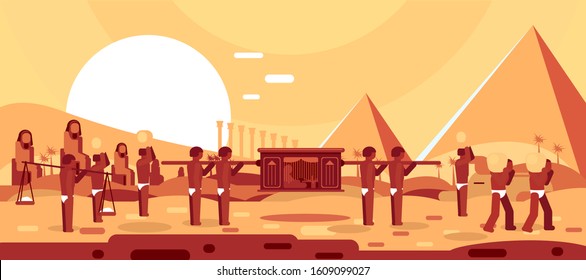 Slaves In Egypt - Passover illustration of slaves carrying bricks and a stylized landscape of the pyramids in the background