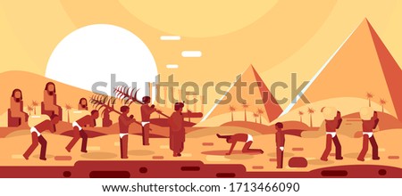 Slaves In Egypt - Passover illustration of slaves carrying bricks and a stylized landscape of the pyramids in the background