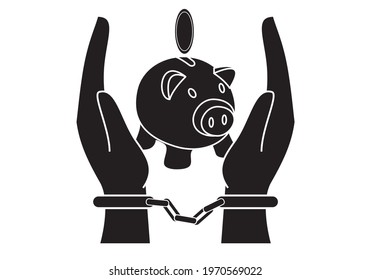 
Slaves of saving. Handcuffed hands with a pig piggy bank and a coin between them