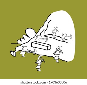 Slaves working in a quarry chipping stone, rock with a pick on a mountain side. Hand drawn cartoon style vector illustration.