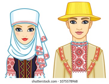 Slavic beauty. Animation portrait of the Belarusian family in national  clothes. Eastern Europe. Vector illustration isolated on a white background.