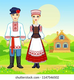 Slavic Beauty. Animation Portrait Of The Belarusian Family In National  Clothes. Full Growth. Background - Summer A Landscape, The Ancient Wooden House. Vector Illustration. 