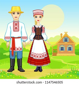 Slavic beauty. Animation portrait of the Belarusian family in national  clothes. Full growth. Background - summer a landscape, the ancient wooden house. Vector illustration. 