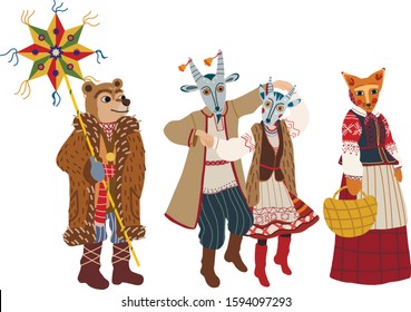 Slavic Christmas Koliada Vector Characters. People dressed in traditional Slavic Clothes and Animal Masks. Slavic New Year illustrations. 
