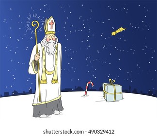 Slavic custom. Saint nicholas holding shining staff.