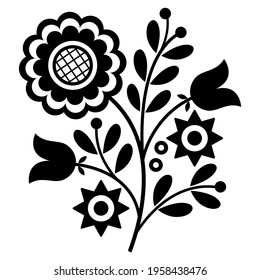 Slavic embroidery folk art vector design - Lachy Sadeckie black and white pattern inspired by Polish old floral decorations. Ethnic pattern background with flowers, hearts and leaves