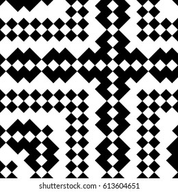 Slavic embroidery motif. Ethnic figure wallpaper. Seamless surface pattern design with black polygons ornament on white background. Digital paper for page fills, web designing, textile print. Vector.