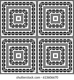 Slavic embroidery motif. Ethnic figure wallpaper. Seamless surface pattern design with black polygons ornament on white background. Digital paper for page fills, web designing, textile print. Vector.