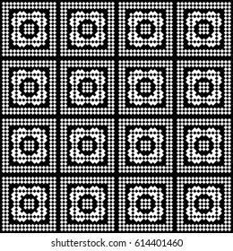 Slavic embroidery motif. Ethnic figure wallpaper. Seamless surface pattern design with black polygons ornament on white background. Digital paper for page fills, web designing, textile print. Vector.