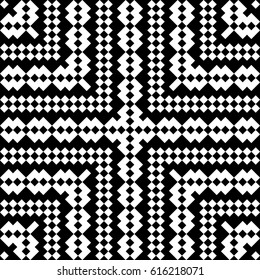 Slavic embroidery motif. Ethnic figure wallpaper. Seamless surface pattern design with black polygons ornament on white background. Digital paper for page fills, web designing, textile print. Vector.